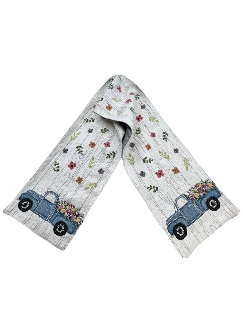 Farmhouse Blue Woven Tapestry Pickup Truck Table Runner Floral Spring Summer